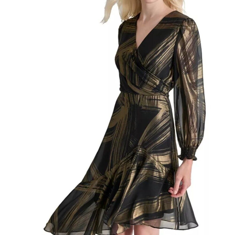 NWOT DKNY Women's Metallic-Print Asymmetric-Hem Black and Gold Dress in Size 10
